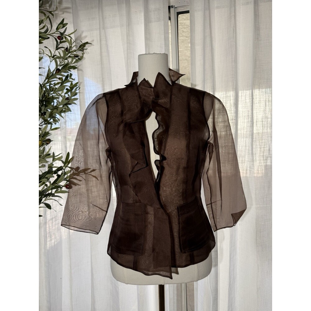 Vintage K2H Womens Brown Sheer 100% Silk Ruffle Blazer Jacket Size 6 Avant Garde
